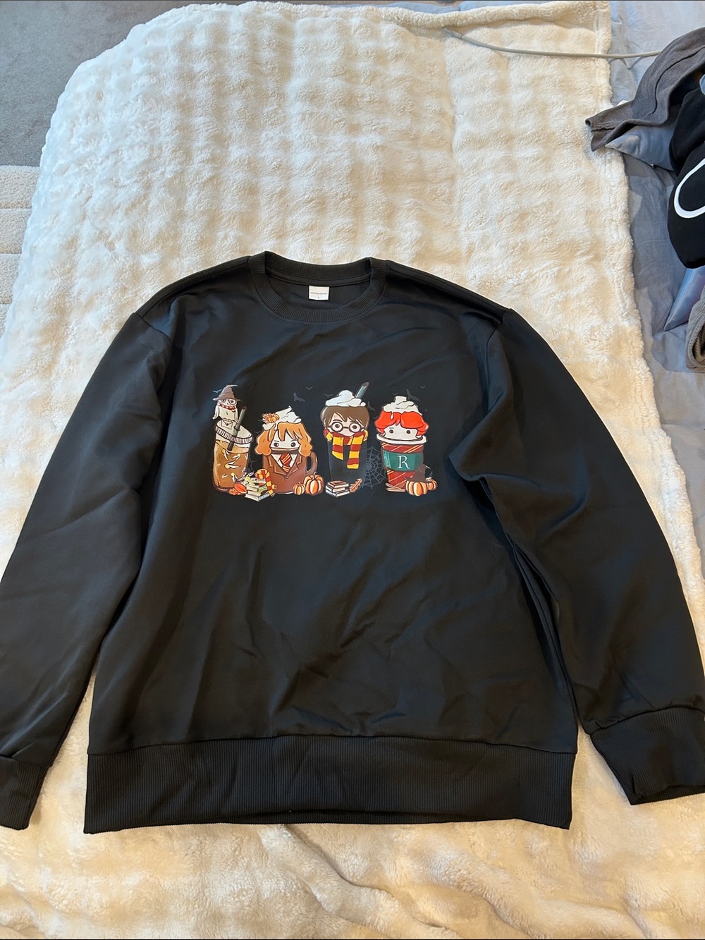 Black Graphic Crewneck Sweater with Cartoon Character Print